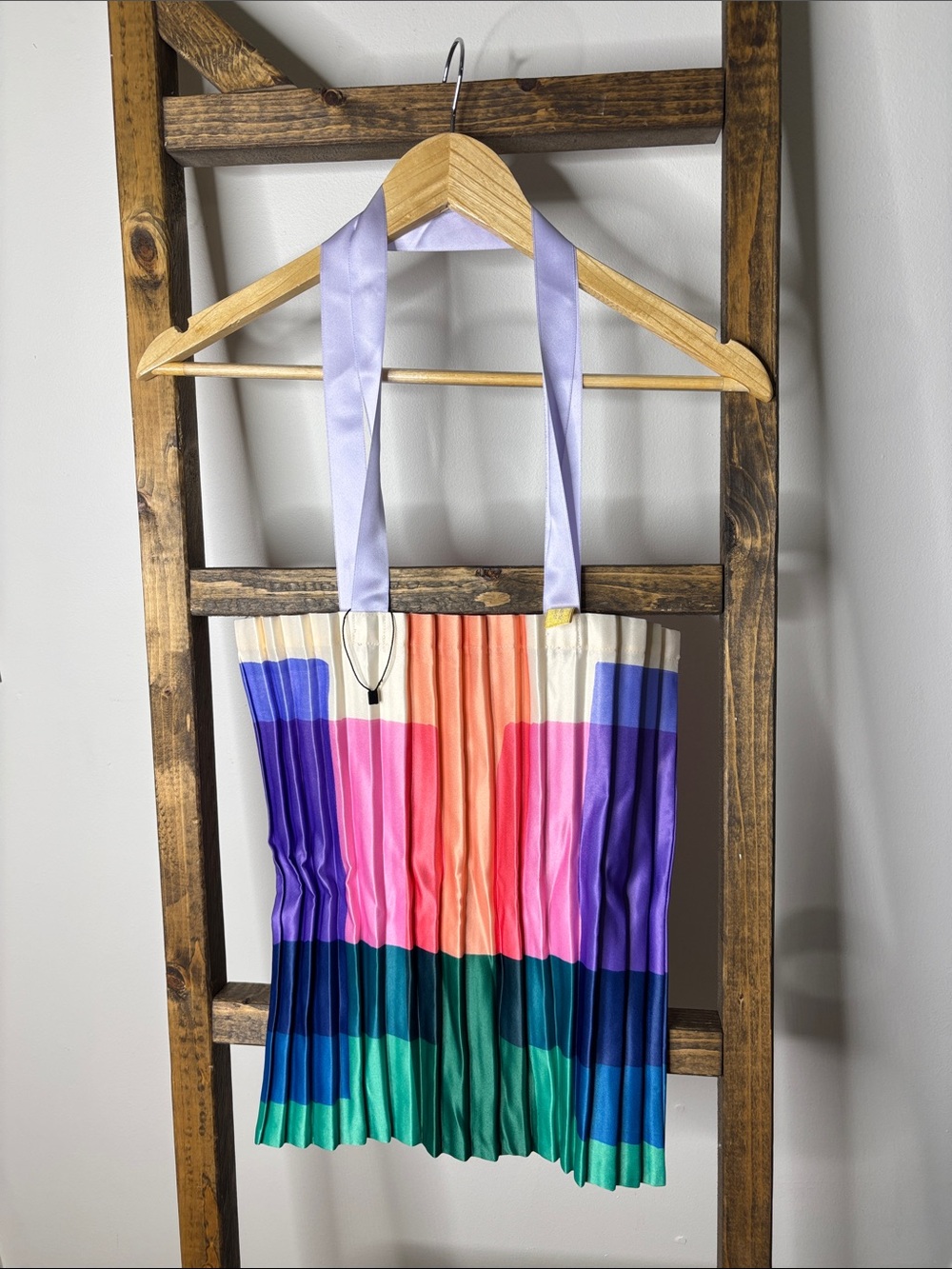 WS& Colorblock Pleated Multicolor Tote Bag Ribbon Lavender Handles
